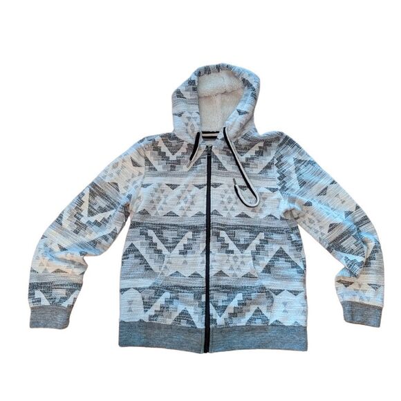 BLACK & WHITE SOHO ZIP UP GEOMETRIC PRINT HOODIE WITH FAUX LAMB FUR SIZE… - Picture 1 of 3